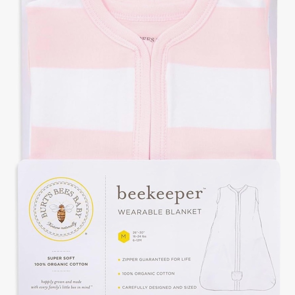 Burt's Bees Baby Pink and White Striped Wearable Blanket. 100% organic cotton.